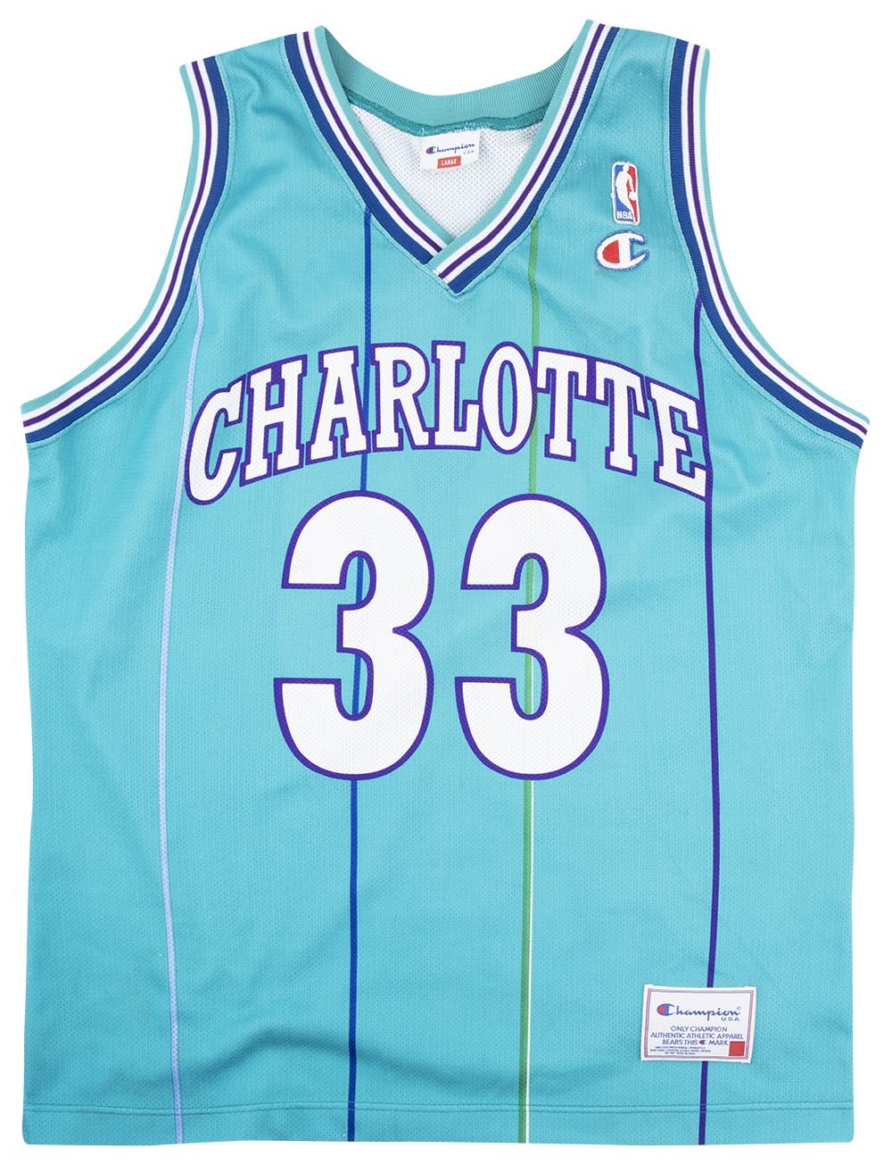 1992-95 CHARLOTTE HORNETS MOURNING #33 CHAMPION JERSEY (AWAY) L