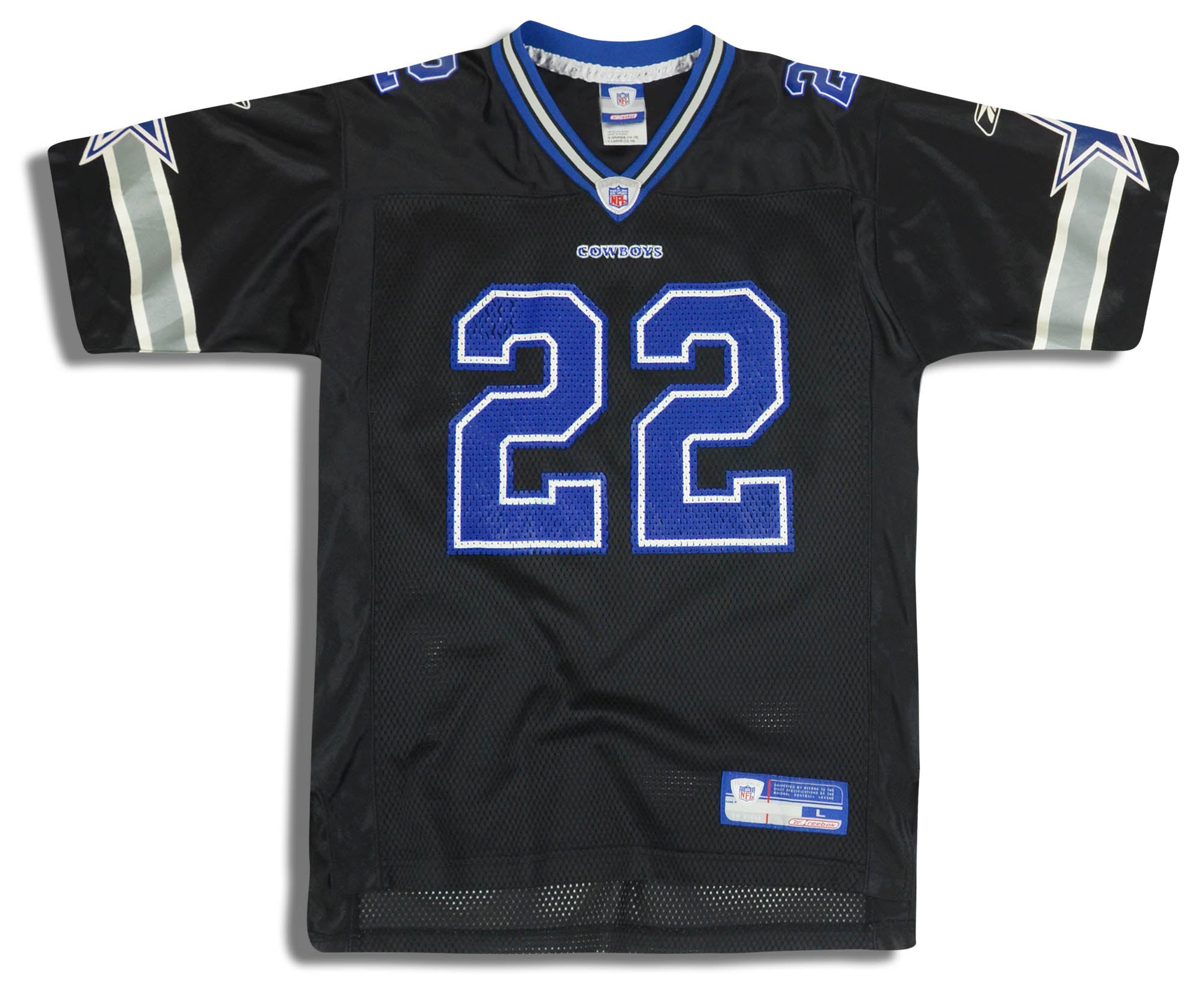 2002 DALLAS COWBOYS E. SMITH #22 REEBOK ON FIELD JERSEY (ALTERNATE) Y -  Classic American Sports