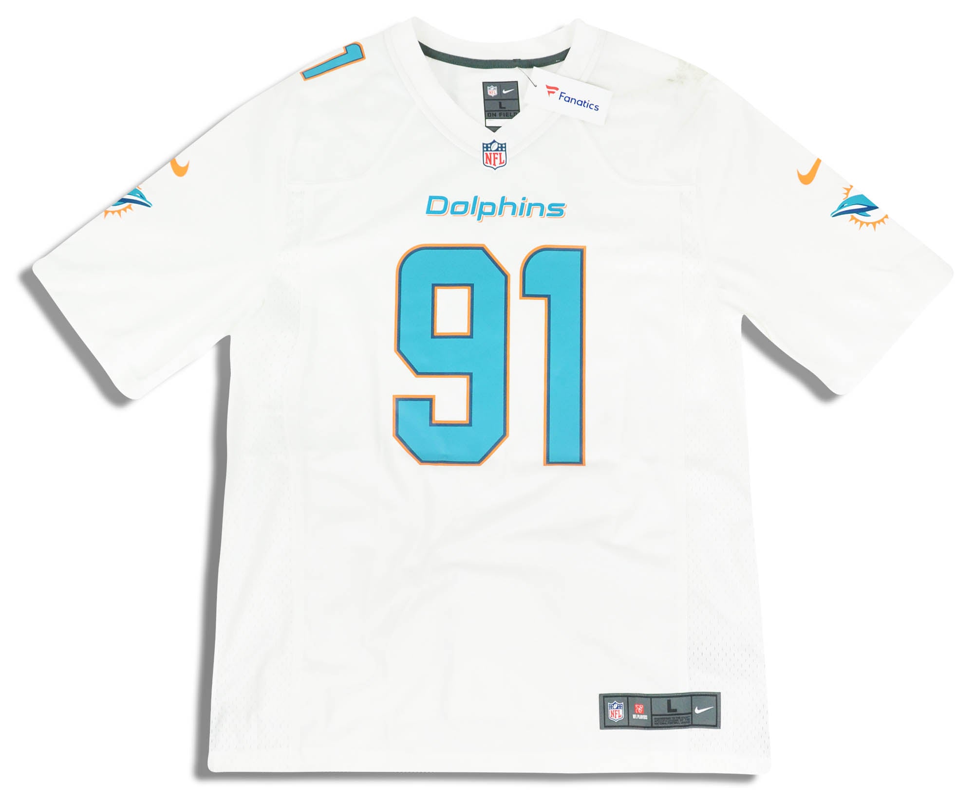 2018 MIAMI DOLPHINS WAKE #91 NIKE GAME JERSEY (AWAY) L - W/TAGS